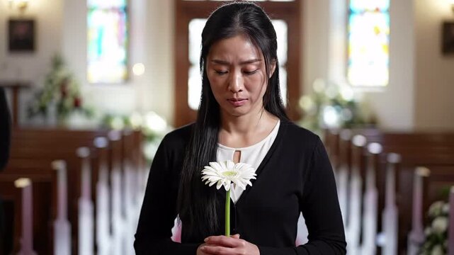 A somber woman holding a white gerbera daisy in a church, expressing grief and remembrance during a funeral service, with stained glass windows in the background