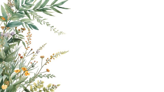 Delicate watercolor illustration of various green leaves and small yellow flowers arranged on a white background