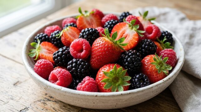Close-up mix of fresh strawberries, blackberries, and raspberries, colorful berry assortment with juicy texture and healthy food appeal, realistic detail, no logos