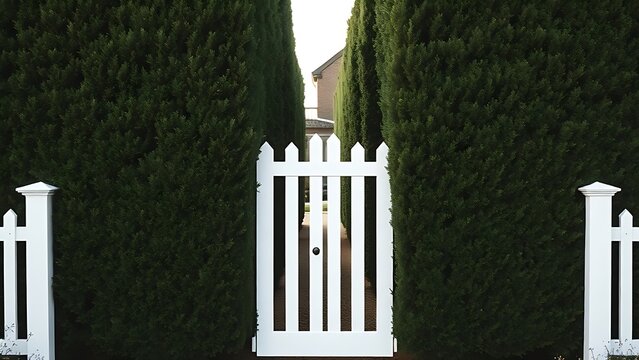 privet. White garden gate in front of a tall, dense privet hedge. real-estate listings, architecture portfolios, designed for interior renovation comparisons for interiors, highlights design details.