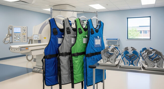 A medical room with protective gear for radiation therapy procedures