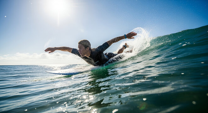 Surfer paddling into a breaking wave under a bright sun, dramatic ocean spray and sun flare, extreme water sport action, summer lifestyle, adventurous surf session at the beach.