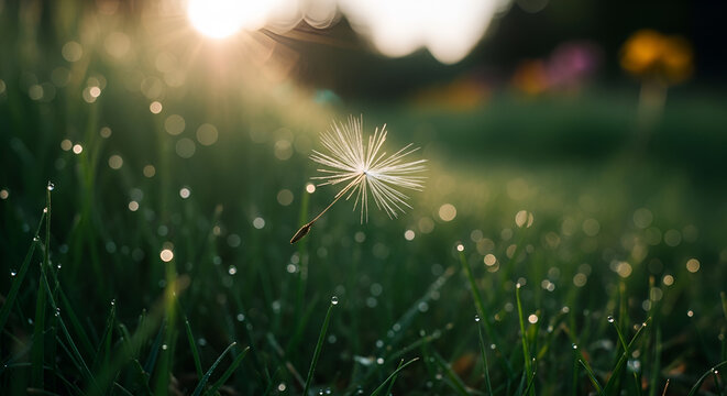 Dandelion seed floating over lush green grass with morning dew drops at sunrise, ethereal bokeh background, tranquil summer nature scene, macro beauty of golden hour light.