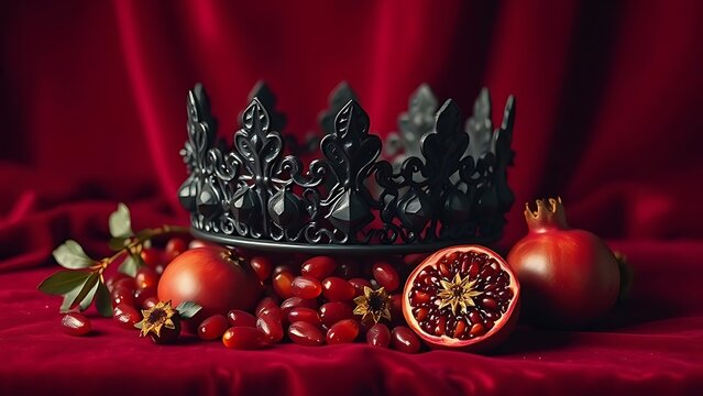 oxymoron. Obsidian crown and pomegranate seeds on crimson velvet in dramatic lighting. event programs, museum guides, designed for cultural heritage projects and event programs.