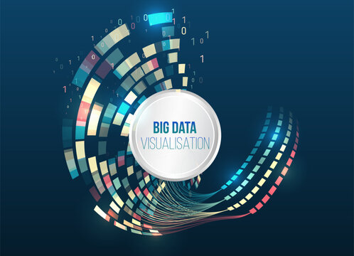 Spiral big data visualization with colorful segments and binary digits, representing dynamic data flow, analytics, and modern digital technology systems.