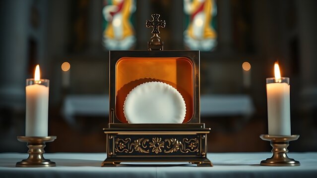 pyx. Open pyx containing white communion wafer on altar, illuminated by candlelight, still composition. event programs, museum guides, designed for cultural heritage projects and event programs.
