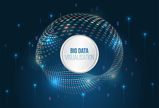 Abstract big data visualization with a flowing 3D sphere of colorful dots, binary code, and glowing nodes, symbolizing data streams, analytics, and modern digital technology.
