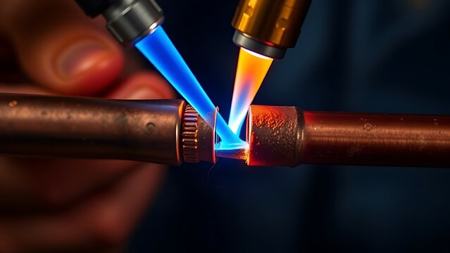 brazing. A craftsman brazing two copper pipes with molten solder under a torch flame. safety posters, maintenance manuals, designed for precision metalworking and fabrication facilities.