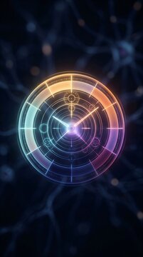 Glowing clock face with abstract circular interface. Futuristic time measurement concept with navigation elements, digital data visualization and sci-fi aesthetic background design.