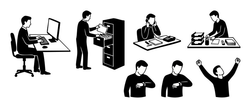 Office worker icons set, businessman routine and daily tasks, professional corporate activities, black and white vector silhouettes for business presentation, workplace symbols and employee lifestyle