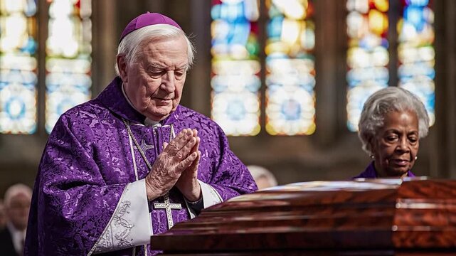 Elderly clergyman in purple vestments with hands clasped in prayer before a casket in a church, stained glass window backdrop