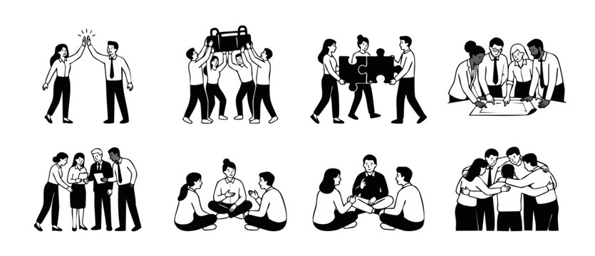 Business Teamwork Set Black And White Line Art Illustration, Professional People Collaborating And Cooperating On Corporate Tasks, Showing Unity, Problem Solving And Strategic Group Synergy Concepts