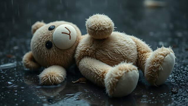expropriated. A discarded plush toy lying in the rain with wet, matted fur, muted colors. lifestyle magazines, social media lookbooks, designed for lifestyle magazines and social media content.