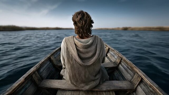 Jesus teaching a large crowd from inside a wooden boat on the water