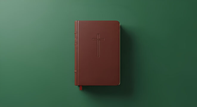 Brown leather Bible with embossed cross on green background, holy scripture book, religious literature, christianity symbol, spiritual study material, minimalist flat lay concept.