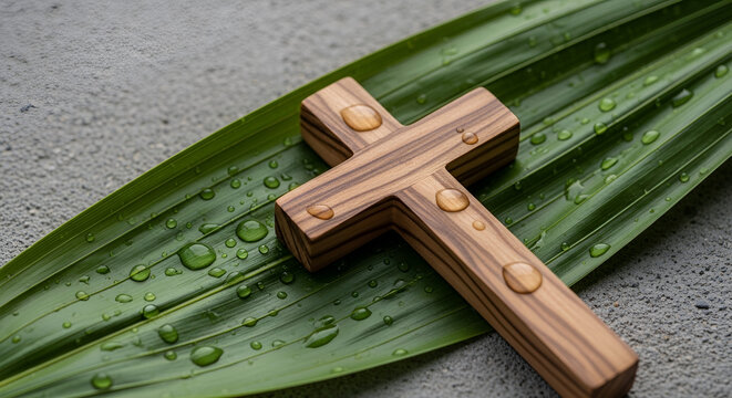 Olive wood cross on green palm leaf with water droplets, Palm Sunday symbolism, Easter and Holy Week concept, religious faith and spirituality, fresh hope and renewal theme.
