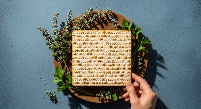 Matzah unleavened bread on wooden board with fresh herbs and hand, Jewish Passover Pesach holiday preparation, traditional ritual food, symbolic kosher flatbread