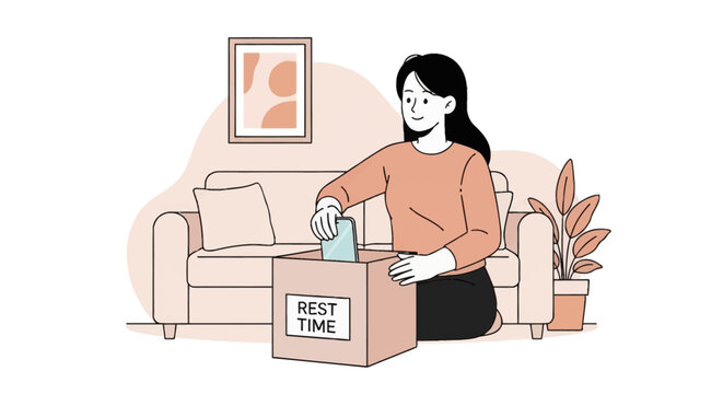 Vector illustration of a woman putting her mobile phone into a cardboard box labeled REST TIME in a modern living room with a sofa and plant, symbolizing digital detox and wellness.
