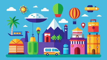 Fototapeta premium Travel Tourism Holiday Vacation Icon Set Flat Vector Illustration Isolated Colorful Collection 