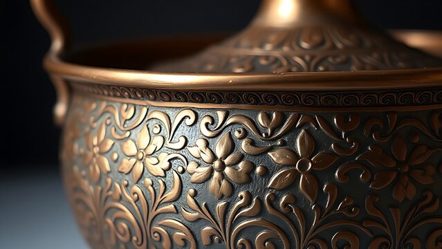 unstylish. Copper vessel with intricate Ottoman floral patterns, detailed metalwork close-up. event programs, museum guides, designed for cultural heritage projects and event programs.