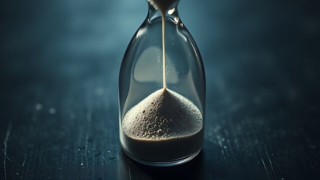 stasis. Glass hourglass on a dark surface with sand solidified into stone. STEM education sheets, lab safety posters, designed for STEM education and laboratory safety posters, used by nutritionists.