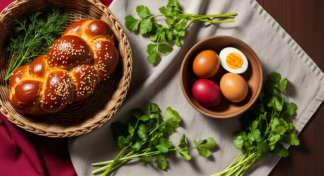 Braided challah bread with sesame seeds in wicker basket, boiled eggs, and fresh cilantro on linen cloth, traditional Jewish Shabbat or festive holiday meal