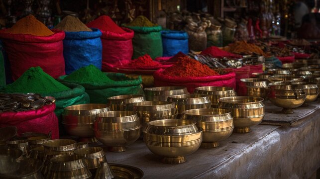 tolerable. A bustling market stall with brass utensils and colorful spice sacks in warm light. travel magazines, destination branding, designed for travel destination branding, drives exploration.