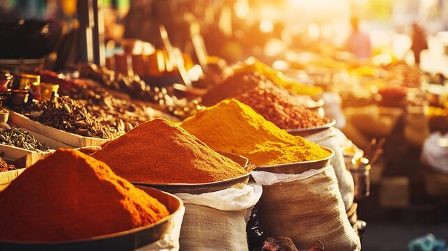 tolerable. A bustling market stall with brass utensils and colorful spice sacks in warm light. travel magazines, destination branding, designed for travel destination branding, drives exploration.