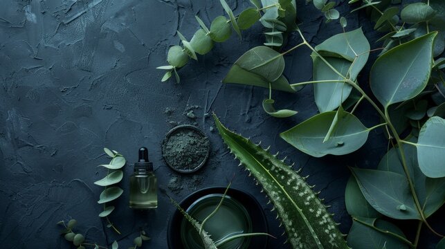Dark slate surface holds green plant elements. Eucalyptus leaves frame a textured, leafy composition. Aloe vera plant adds natural, healing visual cues