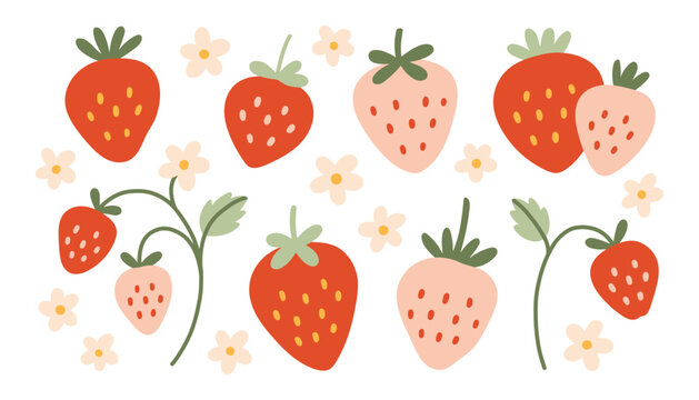 Set of hand drawn strawberry fruit icons with blossoms and leaves. Minimalist organic garden berry doodles for summer design. Flat vector illustration on white background
