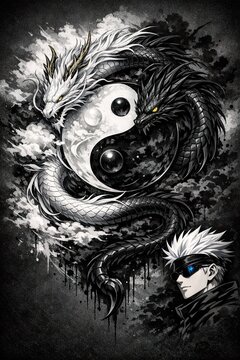 A stylized black and white composition featuring a yin-yang dragon motif 