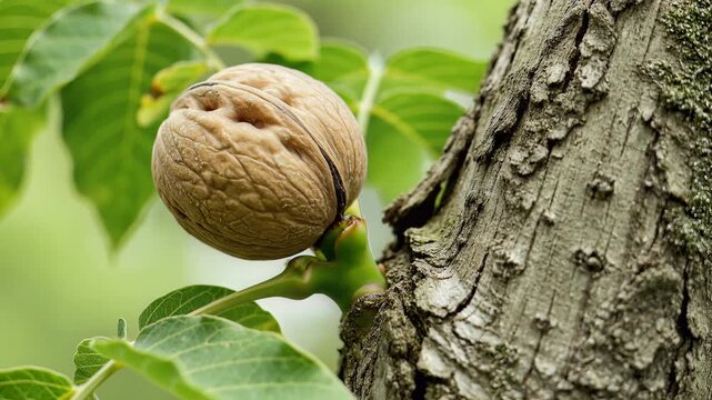 Closeup of a single walnut growing on a tree branch surrounded by green leaves.