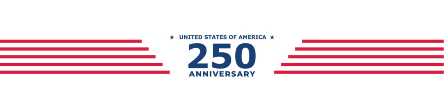 USA 250th anniversary horizontal banner with patriotic stripes and emblem. American Independence Day header for website, newsletters, and social media promotions, isolated on transparent background