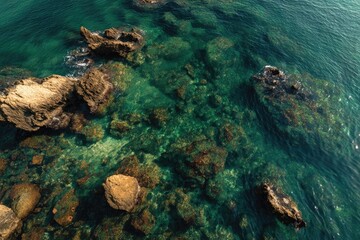 Fototapeta premium Clear emerald water reveals rocky seabed from an aerial viewpoint