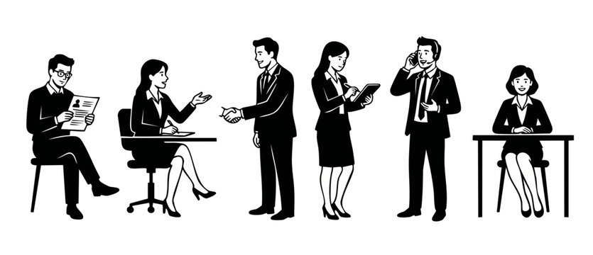 Business People Set Vector Icons, Office Team Characters Working, Hiring Interview Handshake and Phone Support, Professional Corporate Flat Line Illustrations for Modern Work Environment Concepts and