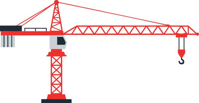 Construction crane, red tower crane, industrial equipment, vector illustration, heavy machinery