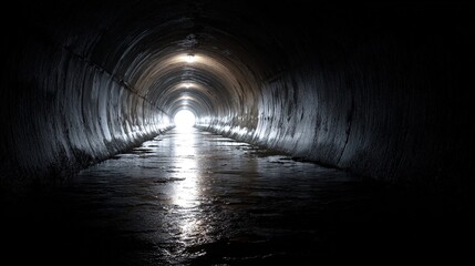 Obraz premium culvert. Inside a dark urban drainage culvert, wet walls leading to distant light. travel magazines, destination branding, designed for outdoor magazines and nature guides, used by PR specialists.