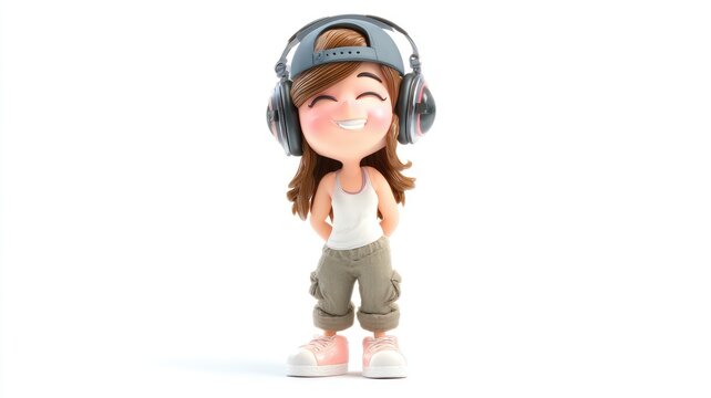 Joyful 3D cartoon girl with headphones and backward cap, smiling blissfully.