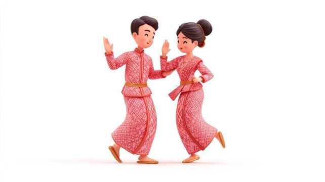 Joyful 3D Couple in Intricate Red Traditional Attire Performing a Folk Dance.