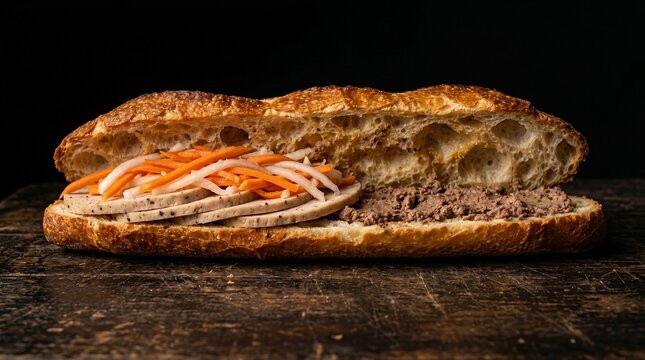 B&aacute;nh M&igrave; on Dark Wood Surface Sliced Open