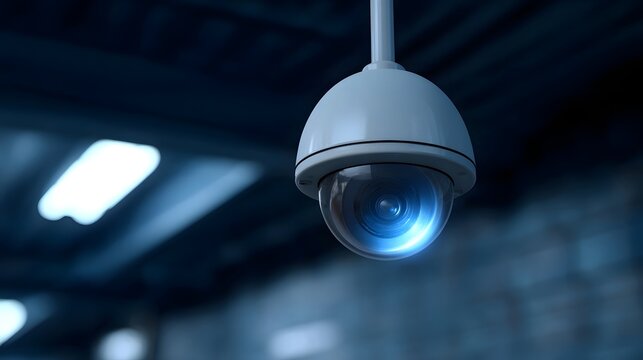 A modern security with a glowing blue hangs in a dimly lit industrial indoor environment symbolizing constant monitoring and protection