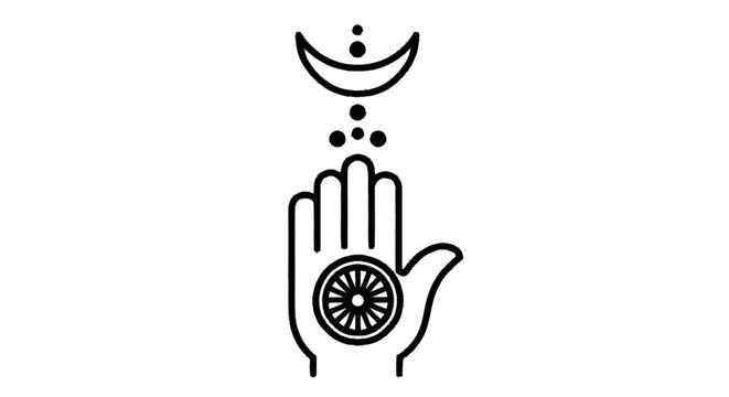 Jainism Ahimsa Hand Symbol with Dharma Chakra and Moon Crescent - Black Line Art Vector Illustration Representing Peace and Spirituality