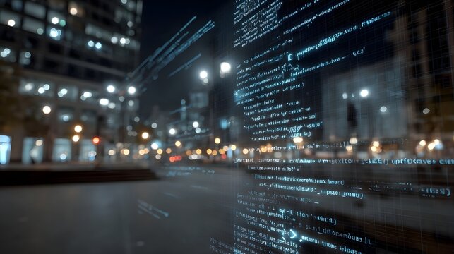 Digital code streams overlaying a nighttime cityscape illustrating the concepts of advanced technology and intelligence