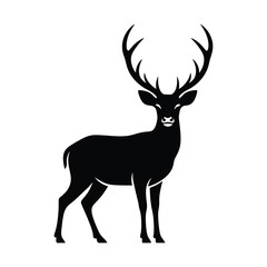 Fototapeta premium Majestic deer silhouette with large antlers, black stag vector icon, wild buck animal profile on white background