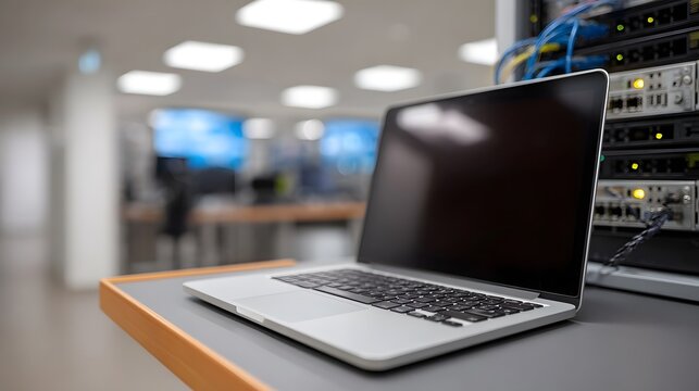 A modern laptop rests on a clean desk against the background of complex networking equipment and cables