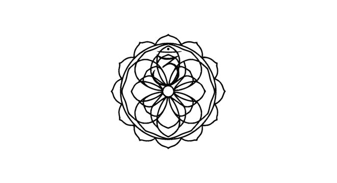 Geometric mandala with intricate floral patterns in a circular design, symbolizing harmony and balance for spiritual practices and meditation, presented in a monochromatic line art style