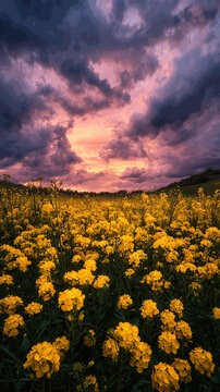 Paesaggio digitale di fiori gialli vibranti in primo piano, cielo drammatico con nuvole testurizzate, tramonto luminoso atmosfera estiva e sognante