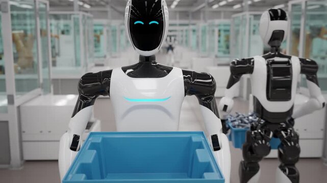 AI-powered Humanoid Robots Walking and Carrying Crates in an Fully Automated Electric Car Factory with Robotic Arms Assembling Lithium-Ion Battery Modules in the Background. 3d animation render