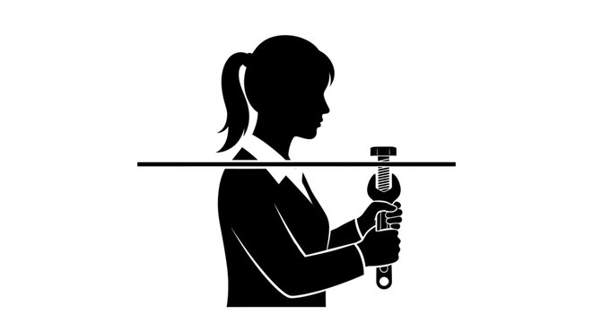 Black silhouette of a professional woman holding a wrench with a horizontal line.