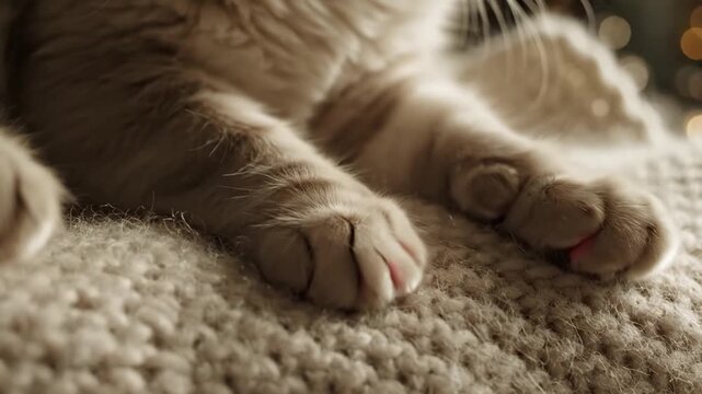 An adorable young orange and white kitten sleeps peacefully, relaxing its small paws in a person's hands as a cute domestic pet